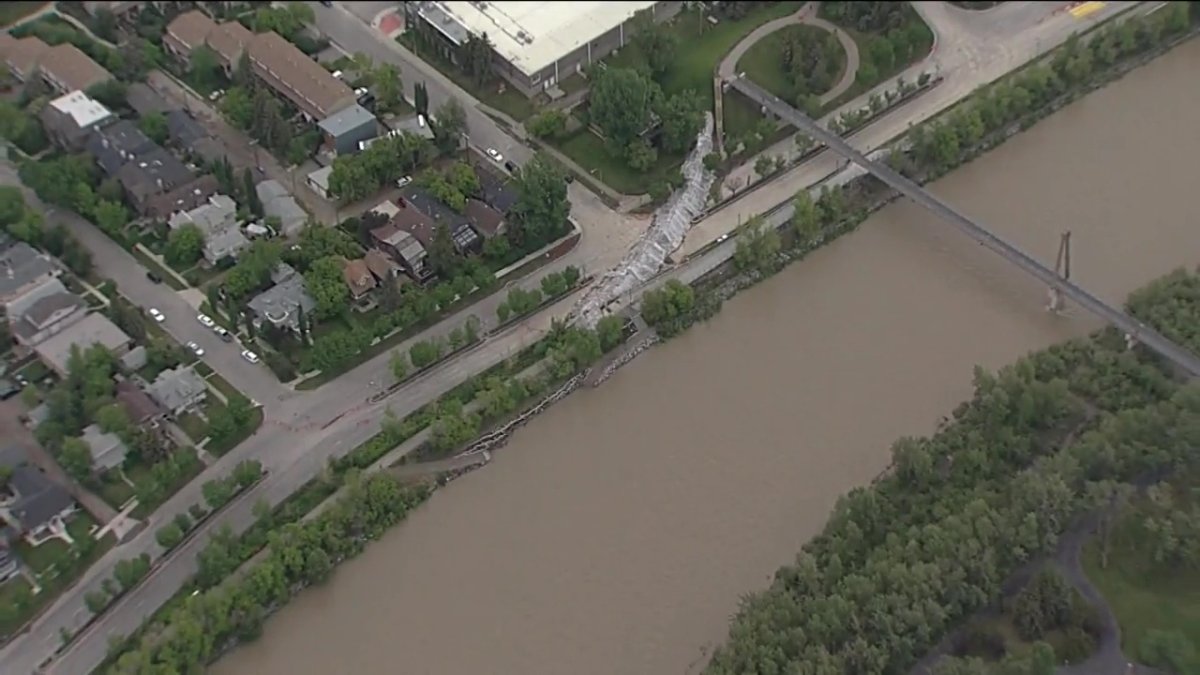 An aerial photo of the Bow River berm along Memorial Drive on June 16, 2022.