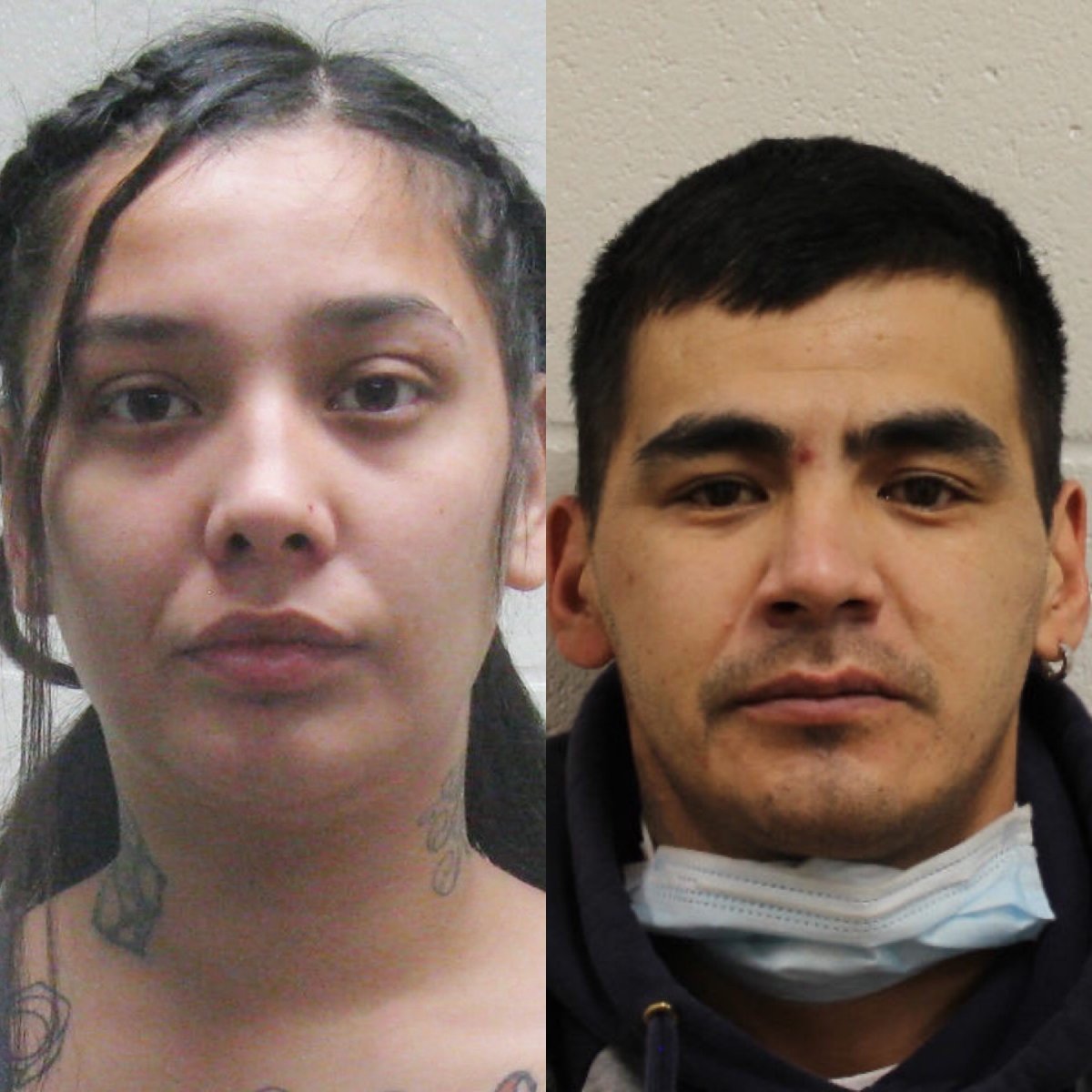 Celine Charles has outstanding with warrants for her arrest in relation to a dangerous person with firearm investigation in La Ronge. Allan Sanderson (right) has been arrested.