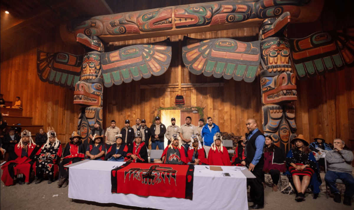 Kitasoo Xai'xais leadership, elders, territory guardians, and others are seen in Klemtu, B.C. on Tues. June 21, 2022. The nation announced Wednesday the creation of a new marine protected area in its traditional territory.
