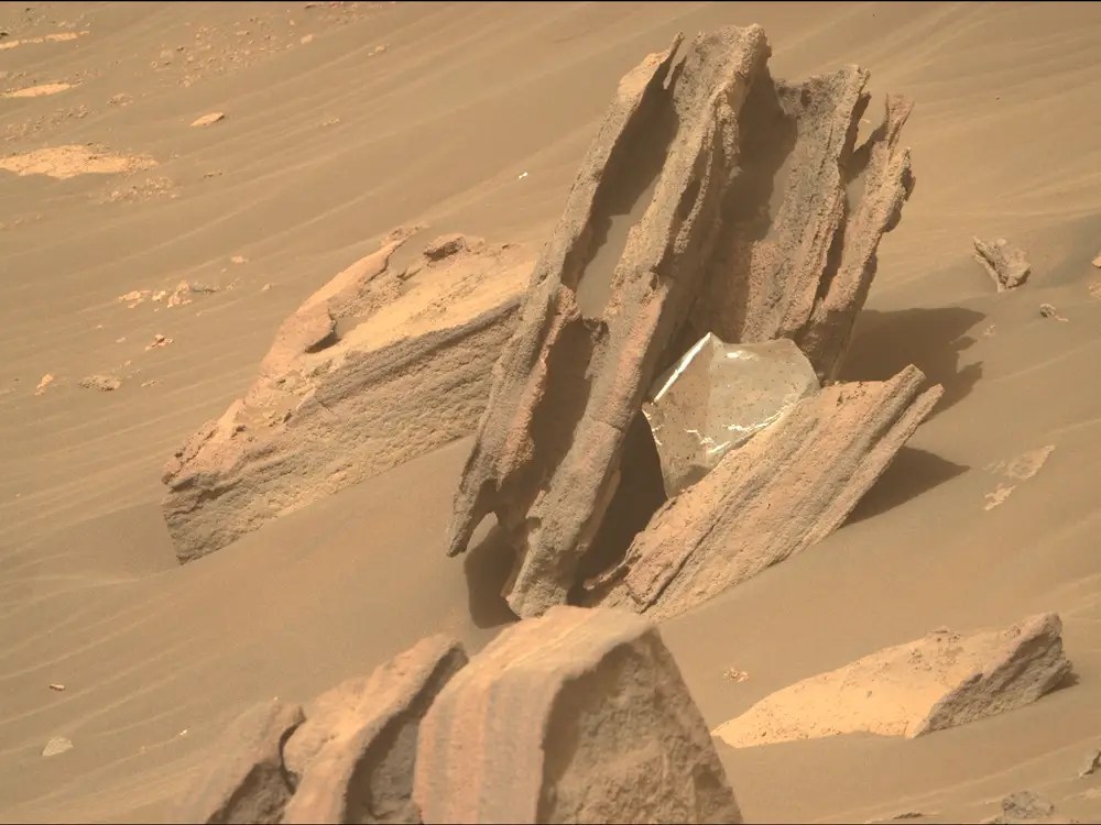 Part of a thermal blanket from the landing gear of NASA's Mars rover Perseverance, as photographed by the robot on June 13, 2022.