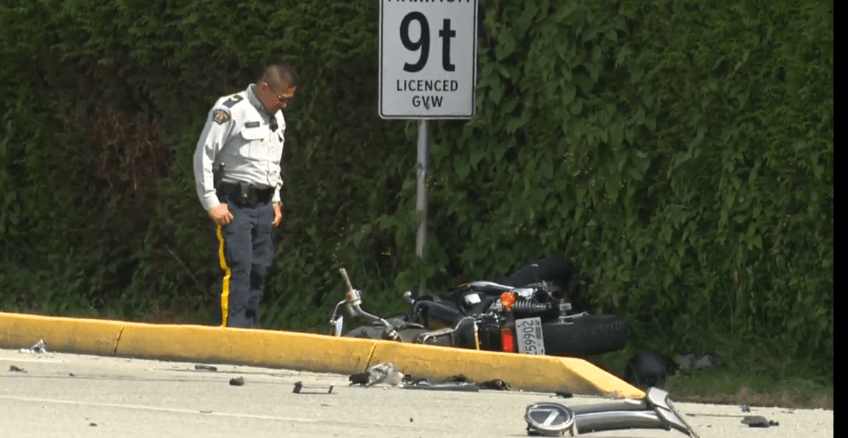 Richmond RCMP at the scene of a serious collision involving a motorcycle on Monday. 