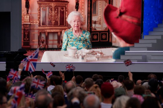 Queen Elizabeth II appears onscreen during a video played during the Platinum Jubilee party.