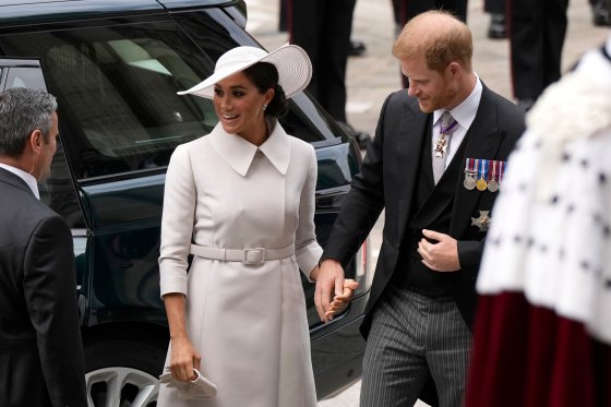 Prince Harry and Meghan Markle arrive for a Queen's Platinum Jubilee service in London.