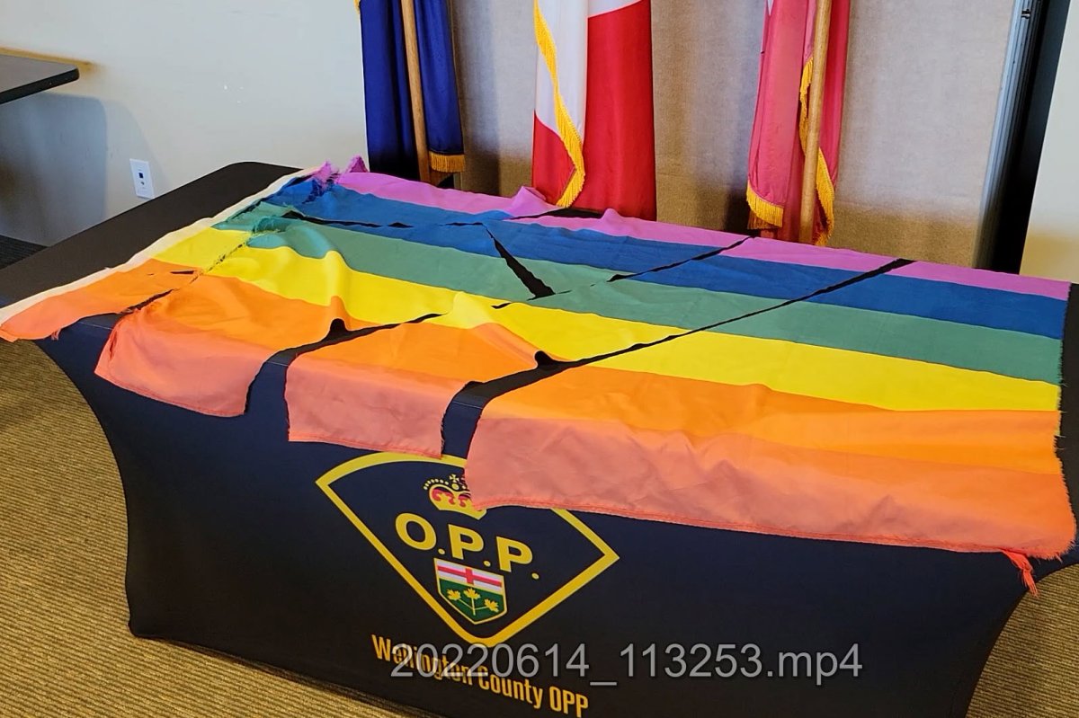 Police say that two Pride flags were damaged in Listowel on June 12 at around 11 p.m. with one being at a business on Mitchell Street and the other at a school.