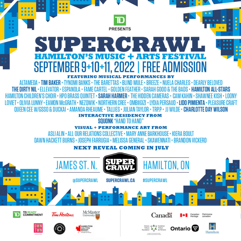 A 2022 Supercrawl poster revealing the more than 40 artists making an appearance at the fall festival on James Street North in Hamilton during an early September run.