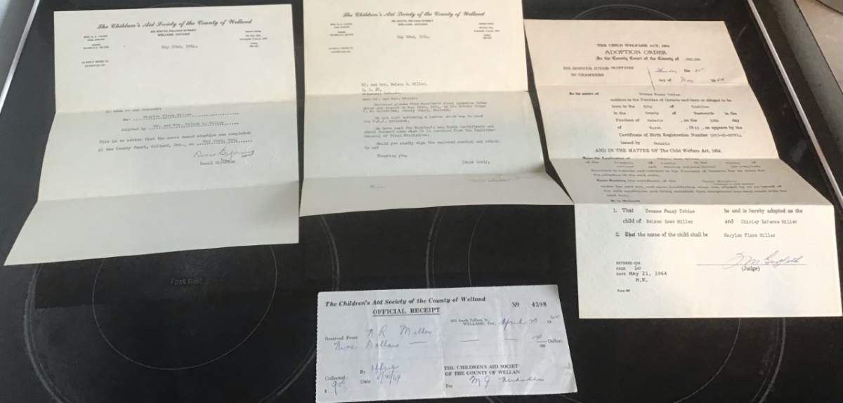 The paperwork and receipt from Marylou Fonda’s adoption. She said her adoptive father was out of work at the time and had to borrow money from the local gas station to pay her $9 adoption fee.