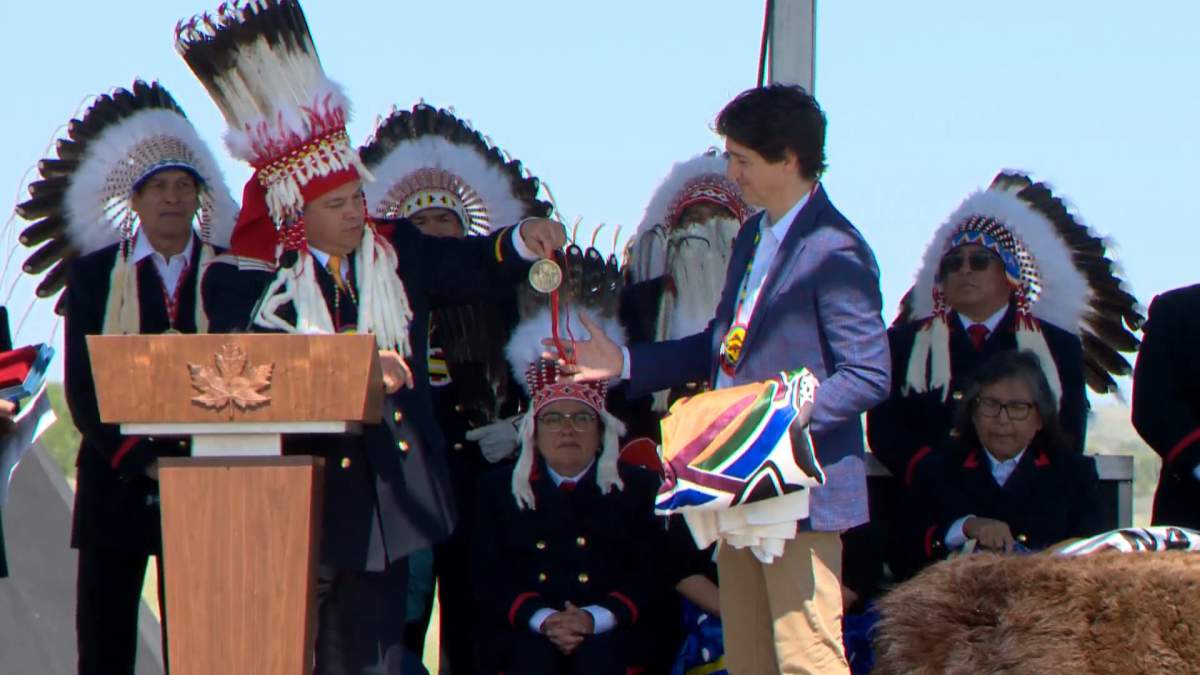 Prime Minister Justin Trudeau visits the Siksika First Nation Thursday, June 2, 2022 and signs a historic land claim settlement, which the federal government says is one of the largest agreements of its kind in Canada.