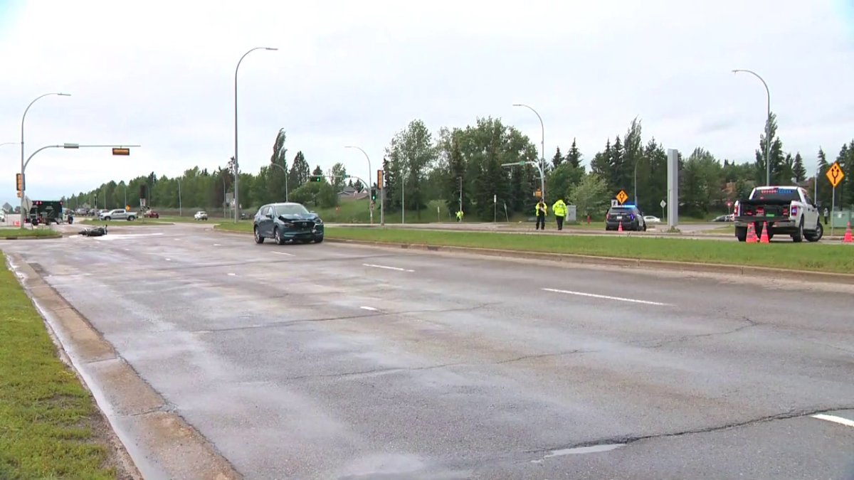 A motorcyclist was taken to hospital Tuesday, July 5, 2022 after a collision in the area of 111 Street and 23 Avenue in Edmonton.