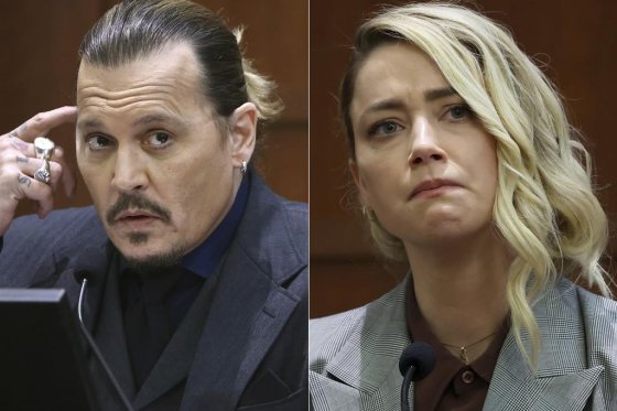 This combination of photos shows actor Johnny Depp testifying at the Fairfax County Circuit Court in Fairfax, Va., on April 21, 2022, left, and actor Amber Heard testifying in the same courtroom on May 26, 2022.