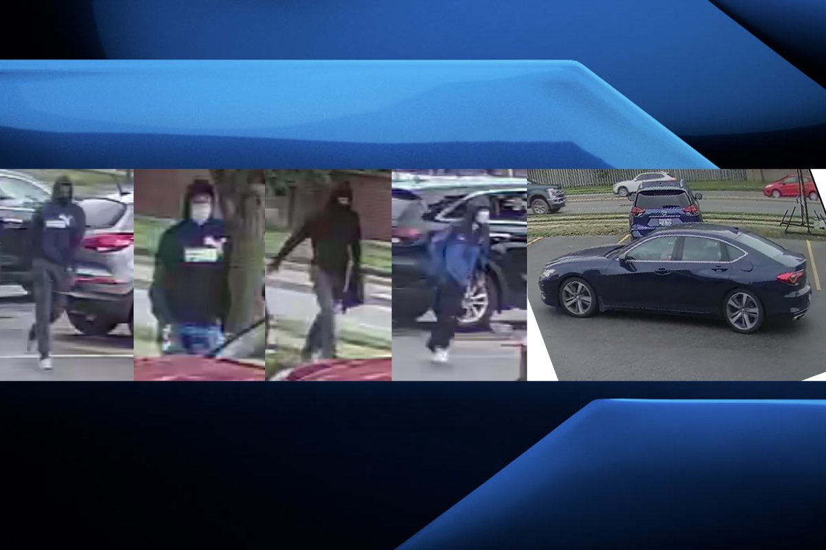 Surveillance images of four suspects and a suspect vehicle.