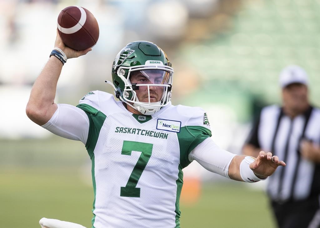 Saskatchewan Roughriders quarterback Cody Fajardo (7) makes the throw against the Edmonton Elks during first half CFL action in Edmonton, Saturday June 18, 2022. The phrase "next man up" may seem like a cliché, but it's been a reality this season for the injury-riddled Saskatchewan Roughriders. THE CANADIAN PRESS/Jason Franson.