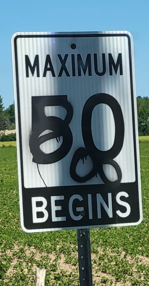 One street sign defaced in Morris-Turnberry, Ont., was spray painted to make it look like an 80 km/h zone rather than a maximum 50 km/h.