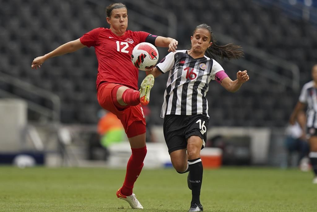 Canada’s Christine Sinclair (12) and Costa Rica’s Katherine Alvarado fight for the ball during a CONCACAF Women’s Championship soccer match in Monterrey, Mexico, Monday, July 11, 2022.