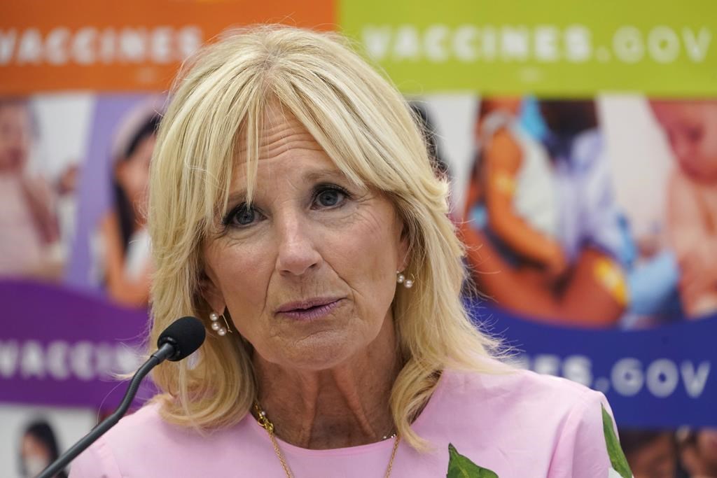 First lady Jill Biden speaks as she tours a health facility, July 1, 2022, in Richmond, Va. Jill Biden is apologizing for saying Latinos are “as unique” as San Antonio breakfast tacos. Through a spokesperson, the first lady apologized Tuesday for “words that conveyed anything but pure admiration and love for the Latino community.”