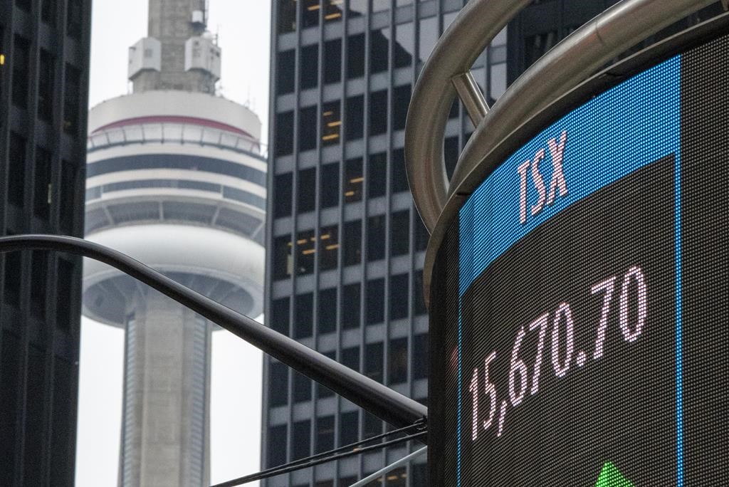 A sign board in Toronto shows the closing number for the TSX on Thursday October 29, 2020. THE CANADIAN PRESS/Frank Gunn.