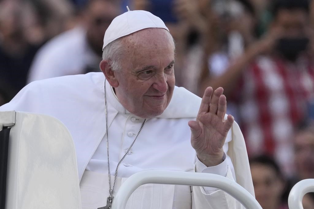 Pope Francis waves as he arrives in St. Peter's Square at the Vatican for the participants into the World Meeting of Families in Rome, Saturday, June 25, 2022. Pope Francis is scheduled to visit Canada July 24-29, travelling to Alberta, Quebec and Nunavut. 