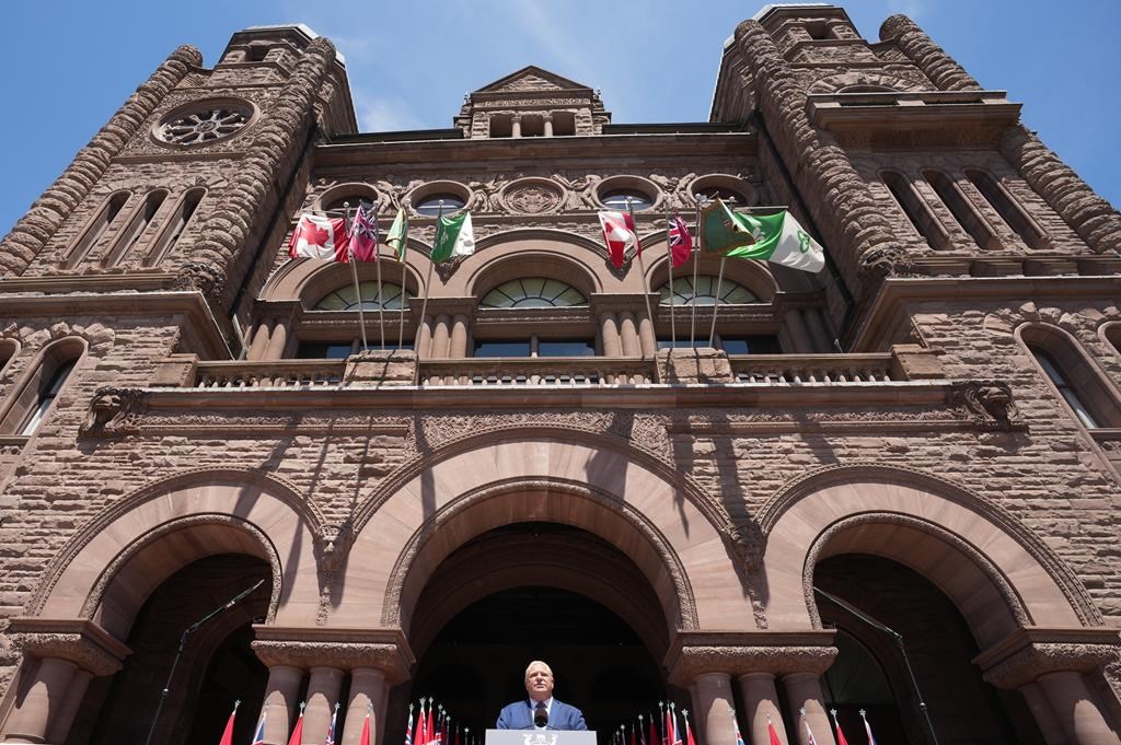 Premier Doug Ford gives a speech following the announcement of his new cabinet at the swearing-in ceremony at Queen’s Park in Toronto on June 24, 2022.