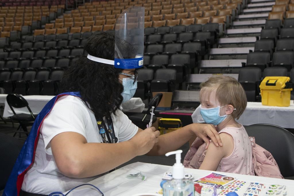 A child prepares to receive her COVID-19 vaccine shot at a children's vaccine clinic held at the Scotiabank Arena, in Toronto, on Sunday, December 12, 2021.THE CANADIAN PRESS/Chris Young.