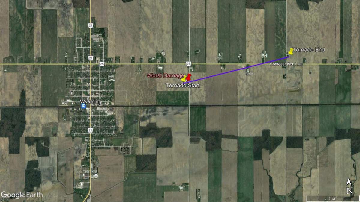 Path of the tornado according to coordinates released by the Northern Tornadoes Project.
