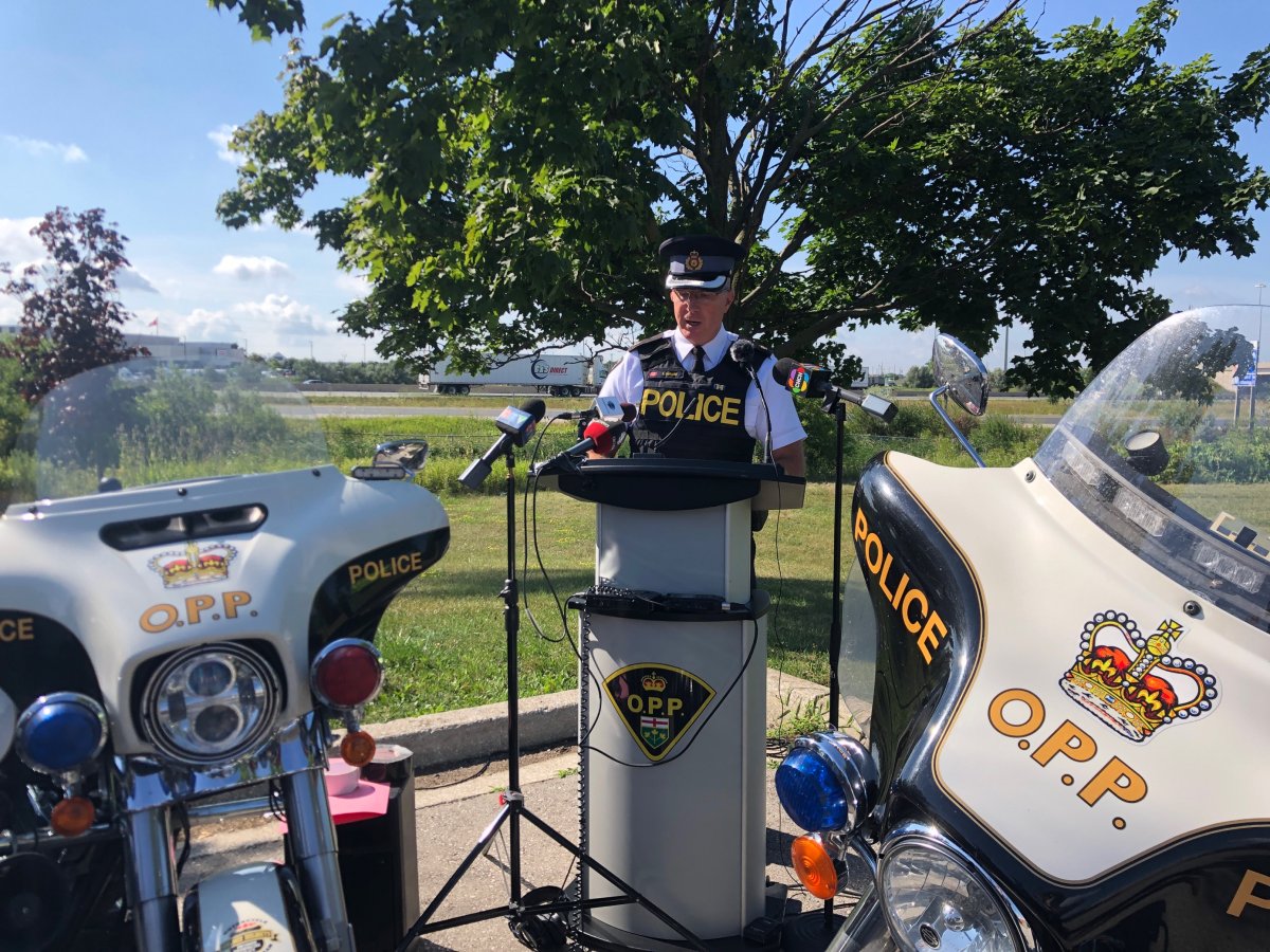 OPP Insp. Shawn Johnson speaks during a news conference about motorcyclist safety in London, Ont. on July 28, 2022. West Region OPP say there have been 12 fatalities so far this year involving motorcyclists, a 71 per cent increase from the same period in 2021.