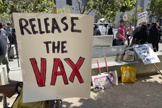 A sign urges the release of the monkeypox vaccine during a protest in San Francisco.