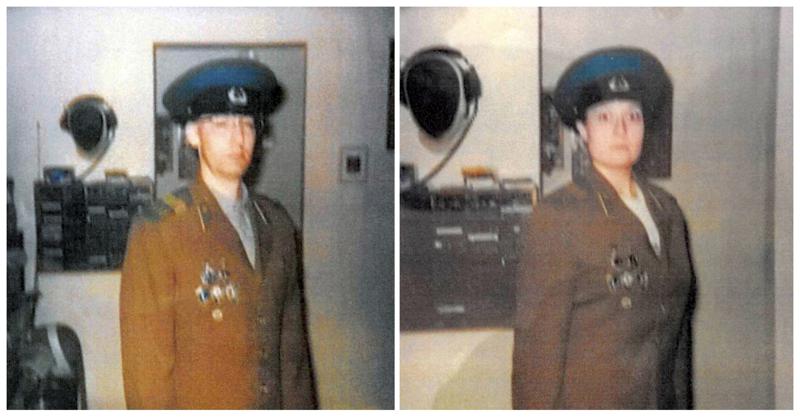 A faded combination of polaroid photos showing Walter Glenn Primrose (left) and Gwynn Darle Morrison (right) in a KGB uniform jacket.