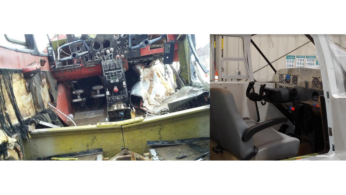 Before and after shots depict the reconstruction of the cockpit on a 1956 Piper plane, part of a Mohawk College restoration project for students beginning in 2018.