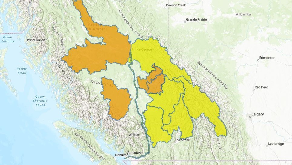 A map showing high streamflow advisories (in yellow) and flood watches (orange) for parts of B.C. Notably, there are no advisories or flood watches for the Southern Interior.