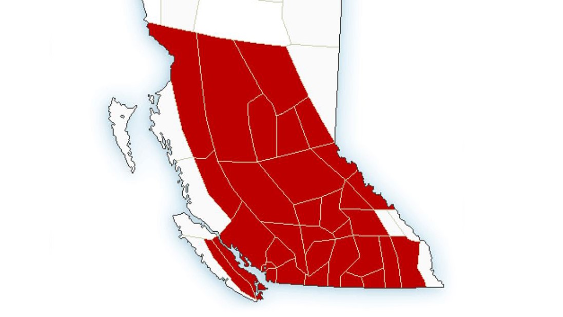 A map showing regions of B.C. that are under a continuing heat warning.