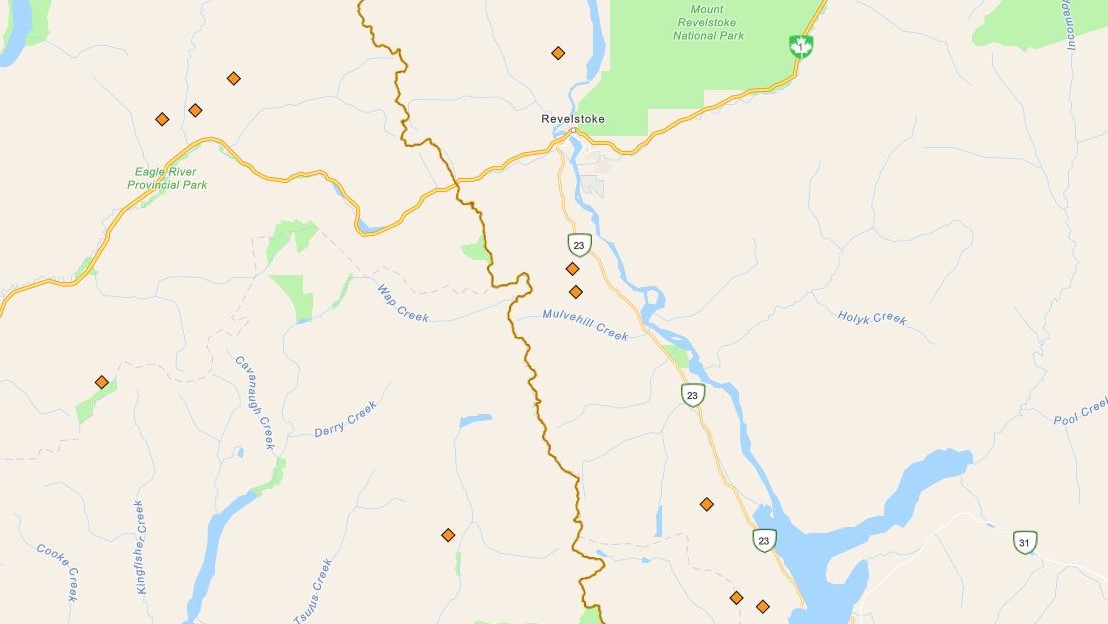 A map showing fires in and around the Revelstoke area in B.C.’s Interior. All fires were spot-sized, according to BCWS data on Saturday morning, though updates are expected later in the day.