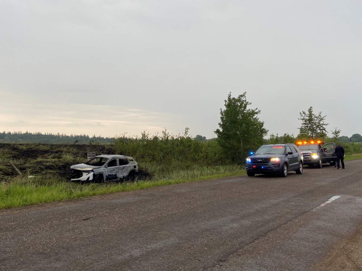 A Global News crew spotted a burned-out car in the area of 153 Avenue and 9 Street on Monday night. A police vehicle was also spotted at the scene.