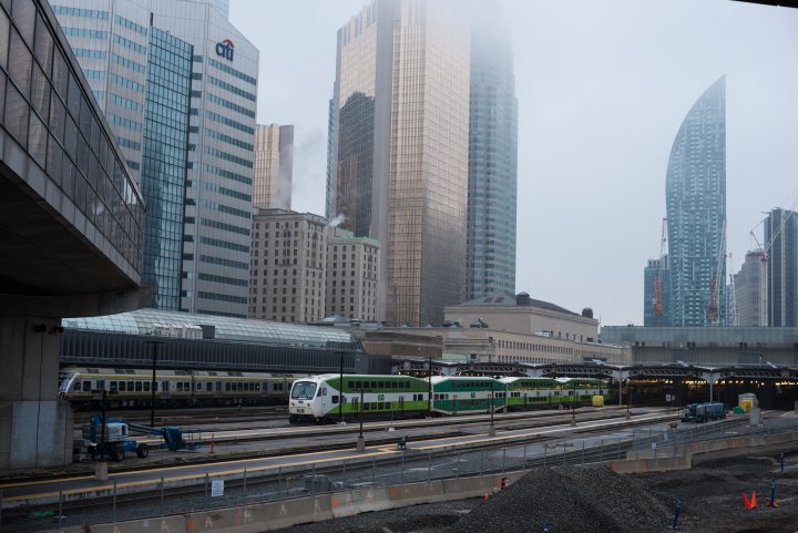 A GO train arrives at Union Station in Toronto, on Monday, May 2, 2022.