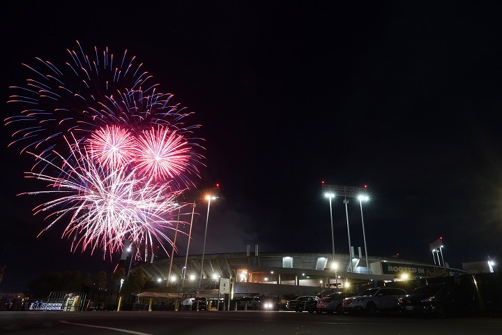 Fireworks erupt over RingCentral Coliseum after a baseball game between the Oakland Athletics and the Toronto Blue Jays in Oakland, Calif., Monday, July 4, 2022. 