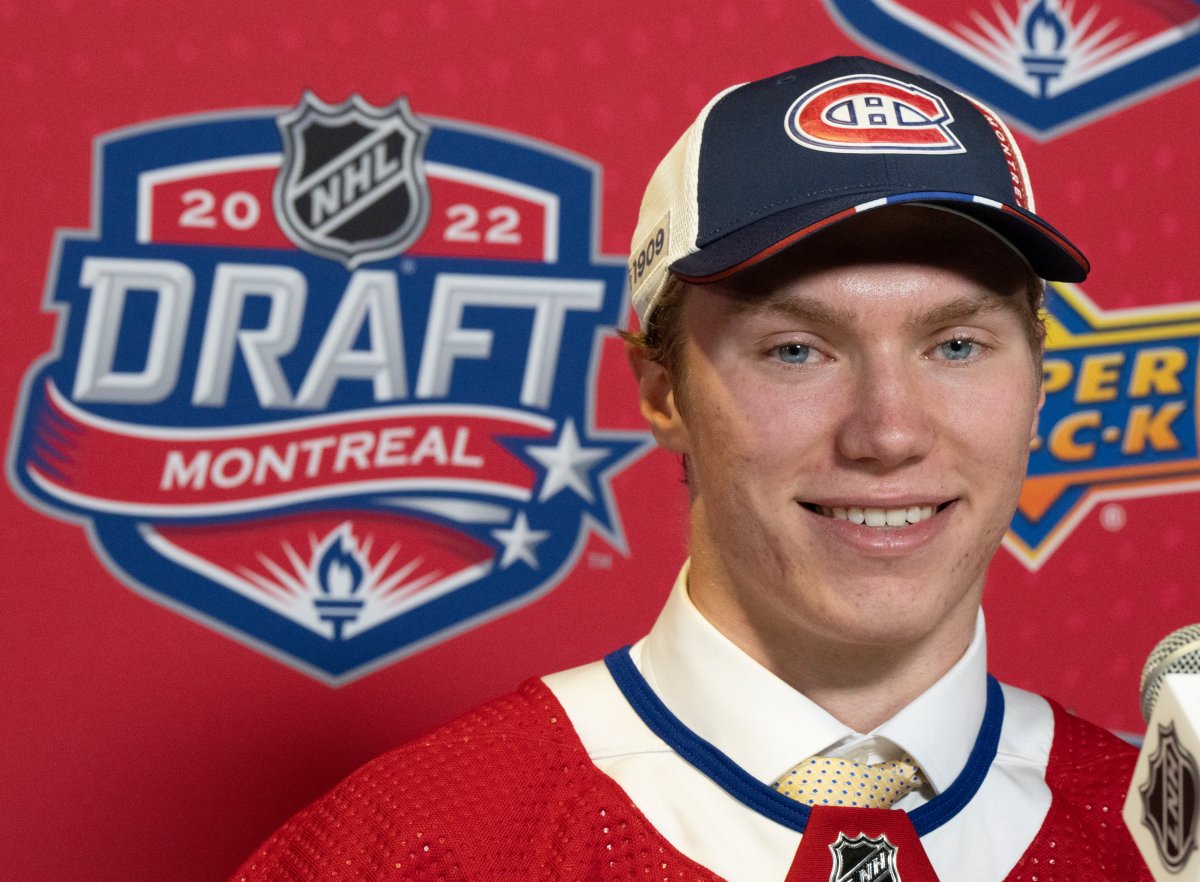 Montreal Canadiens' 33rd overall pick Owen Beck speaks to the media during the second round of the NHL Entry Draft on Friday, July 8, 2022 in Montreal.