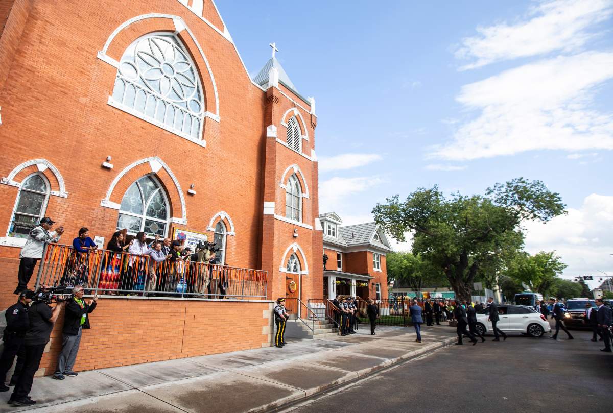 Pope Francis arrives at the Sacred Heart Church of the First People, in Edmonton, during his Papal visit across Canada on Monday July 25, 2022.