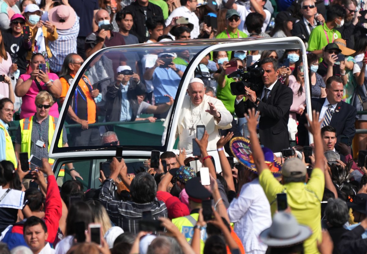 Pope Francis arrives at Commonwealth Stadium in Edmonton, Tuesday, July 26, 2022, to take part in a public mass.