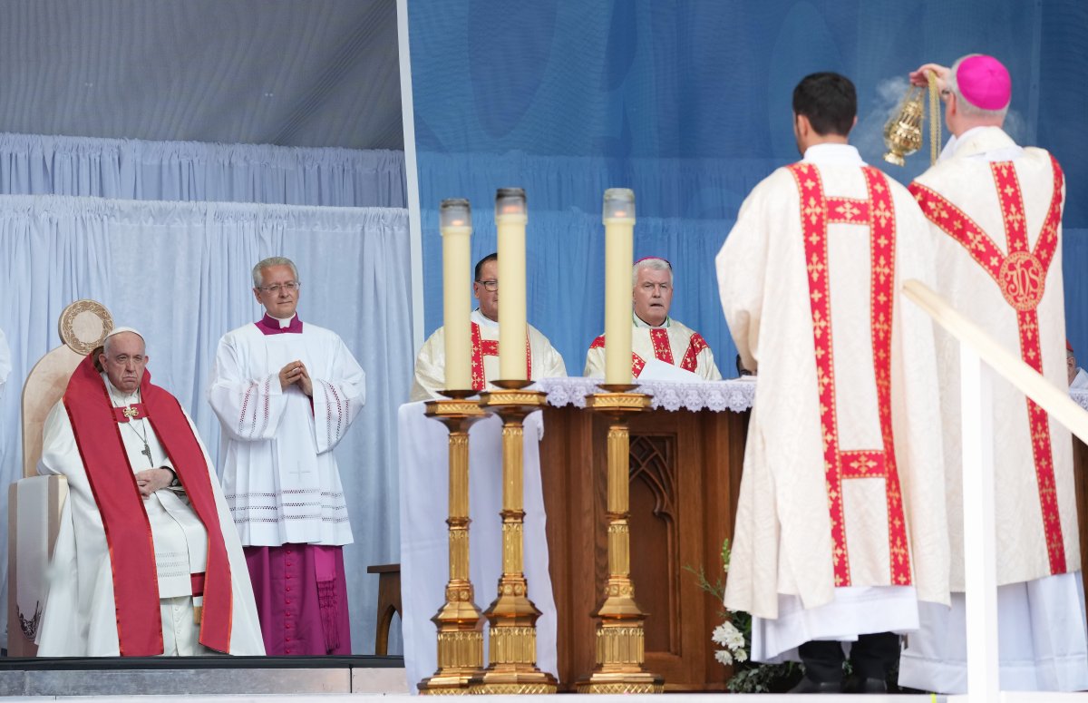 Pope Francis takes part in a public mass at Commonwealth Stadium in Edmonton, Tuesday, July 26, 2022.