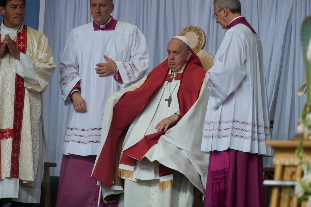 Pope Francis presides over a mass at the the Commonwealth Stadium in Edmonton, Canada, Tuesday, July 26, 2022. Pope Francis is on a second day of a "penitential" six-day visit to Canada to beg forgiveness from survivors of the country's residential schools, where Catholic missionaries contributed to the "cultural genocide" of generations of Indigenous children by trying to stamp out their languages, cultures and traditions.