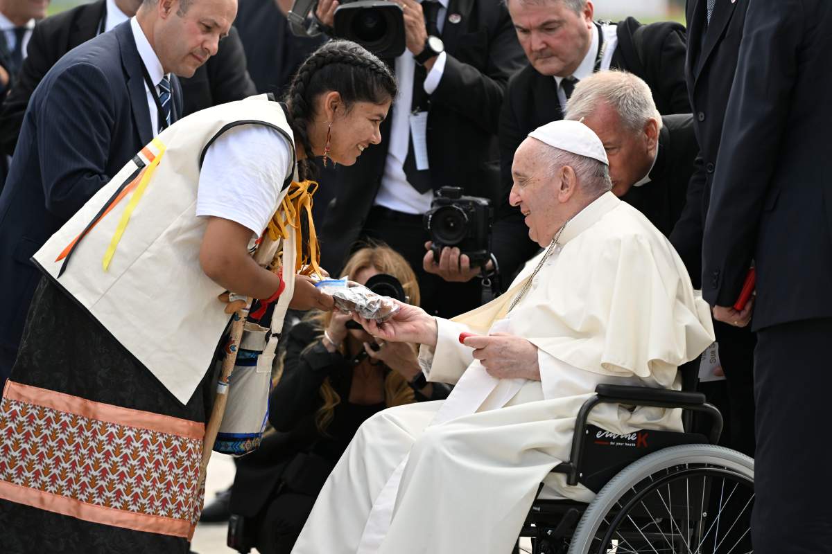 Pope Francis arrives meeting Mandy Gull-MastyGrand Chief, Cree Nation Government, during his papal visit across Canada in Quebec City on Wednesday, July 27, 2022. THE CANADIAN PRESS/Bernard Brault