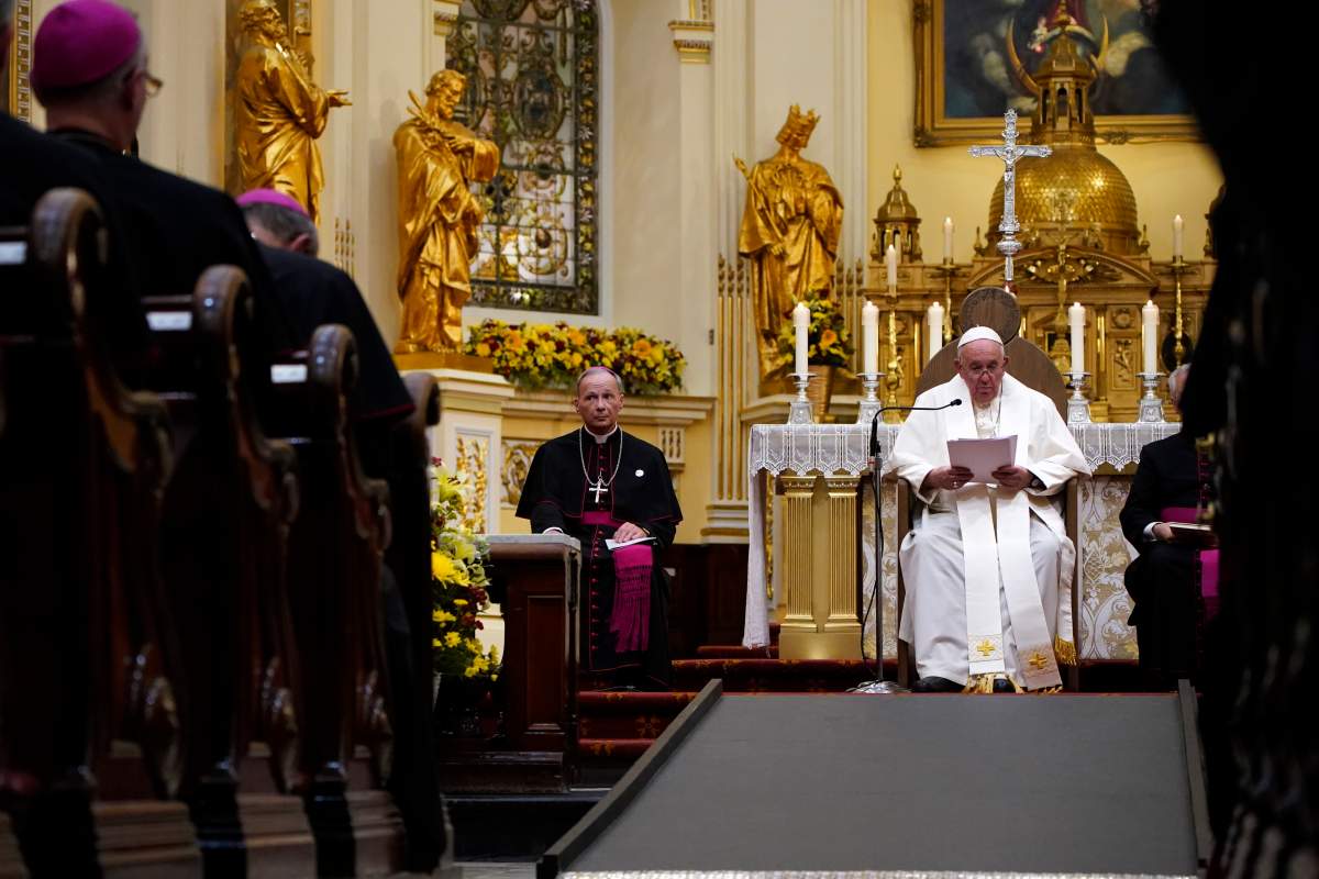 Pope Francis presides over a Vespers service at the Cathedral-Basilica of Notre Dame de Quebec, Thursday, July 28, 2022, in Quebec City, Quebec. Pope Francis is on a “penitential” six-day visit to Canada to beg forgiveness from survivors of the country’s residential schools, where Catholic missionaries contributed to the “cultural genocide” of generations of Indigenous children by trying to stamp out their languages, cultures and traditions.