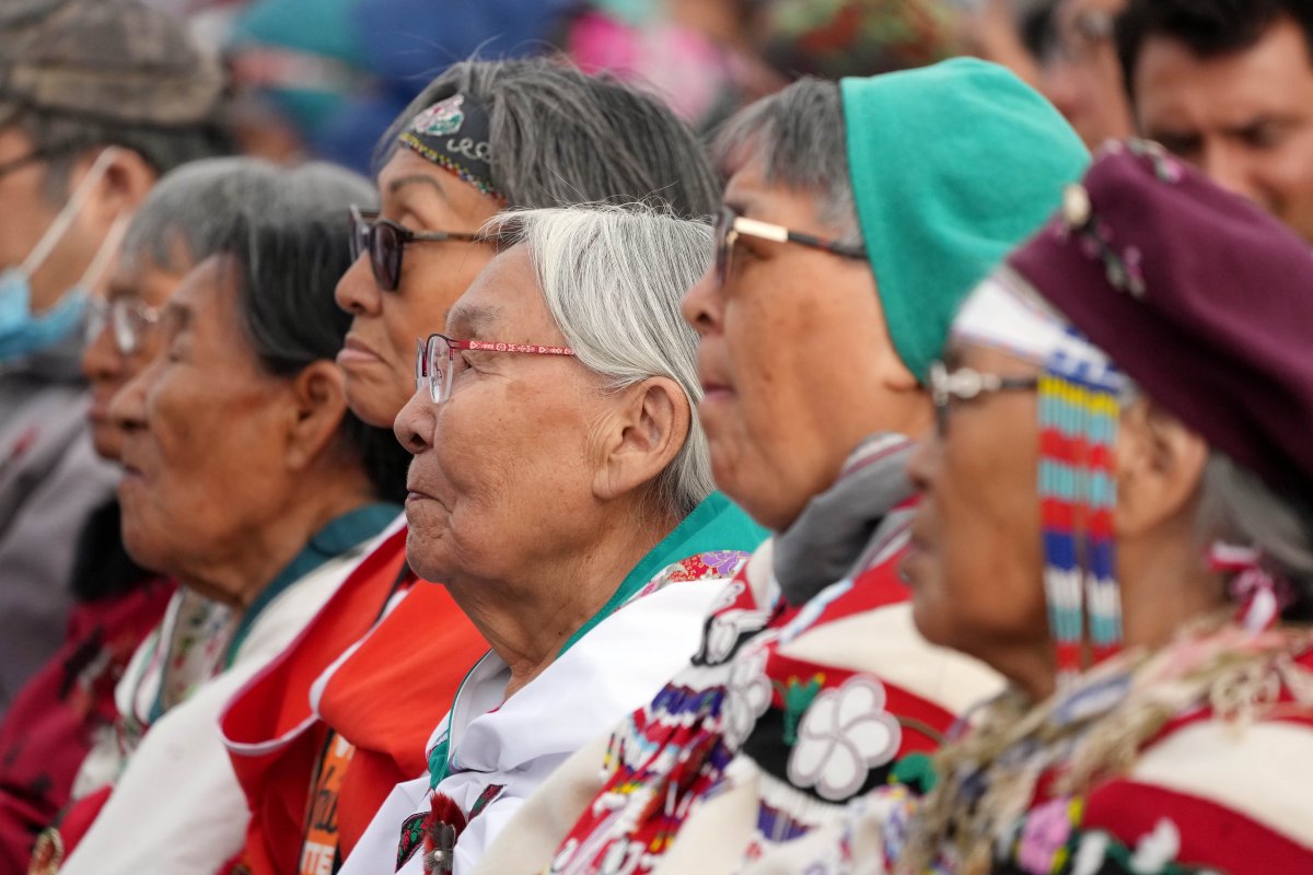 Indigenous elders listen as Pope Francis gives an apology during a public event in Iqaluit, Nunavut on Friday, July 29, 2022, during his papal visit across Canada.