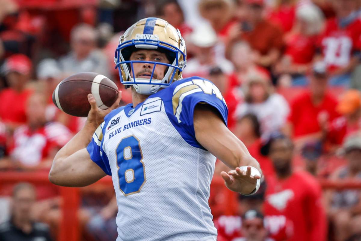 Winnipeg Blue Bombers quarterback Zach Collaros throws the ball during first half CFL football action against the Calgary Stampeders in Calgary, Saturday, July 30, 2022.