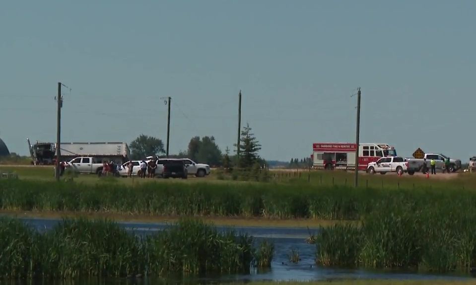 The scene of a fatal collision on Highway 21 between Township Road 470 and Township Road 474, just northwest of Camrose, on Wednesday, July 20, 2022.