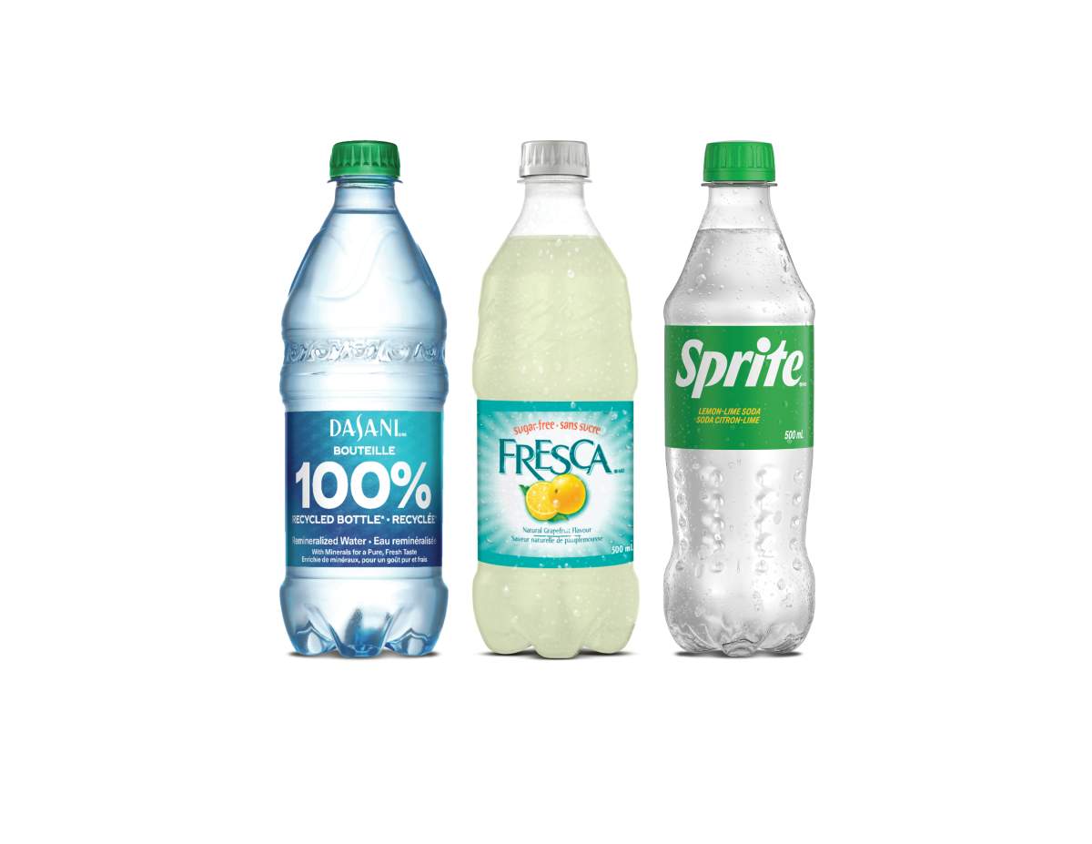 Promotional photo provided by Coca-Cola Canada showing new clear bottle designs for Sprite and Fresca.