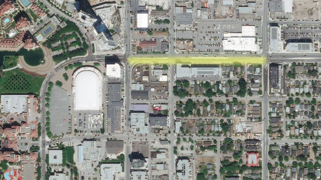 A map showing the two blocks of Clement Avenue in downtown Kelowna that will undergo temporary lane closures for a month or so.