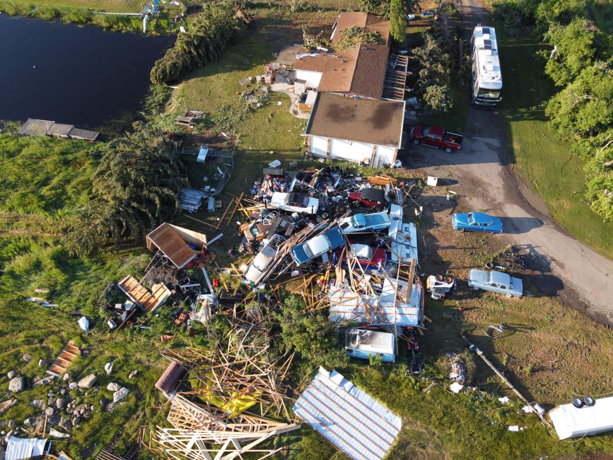 Drone imagery from a home and yard destroyed by a storm that ripped through Medicine Hat and surrounding area on July 18, 2022.