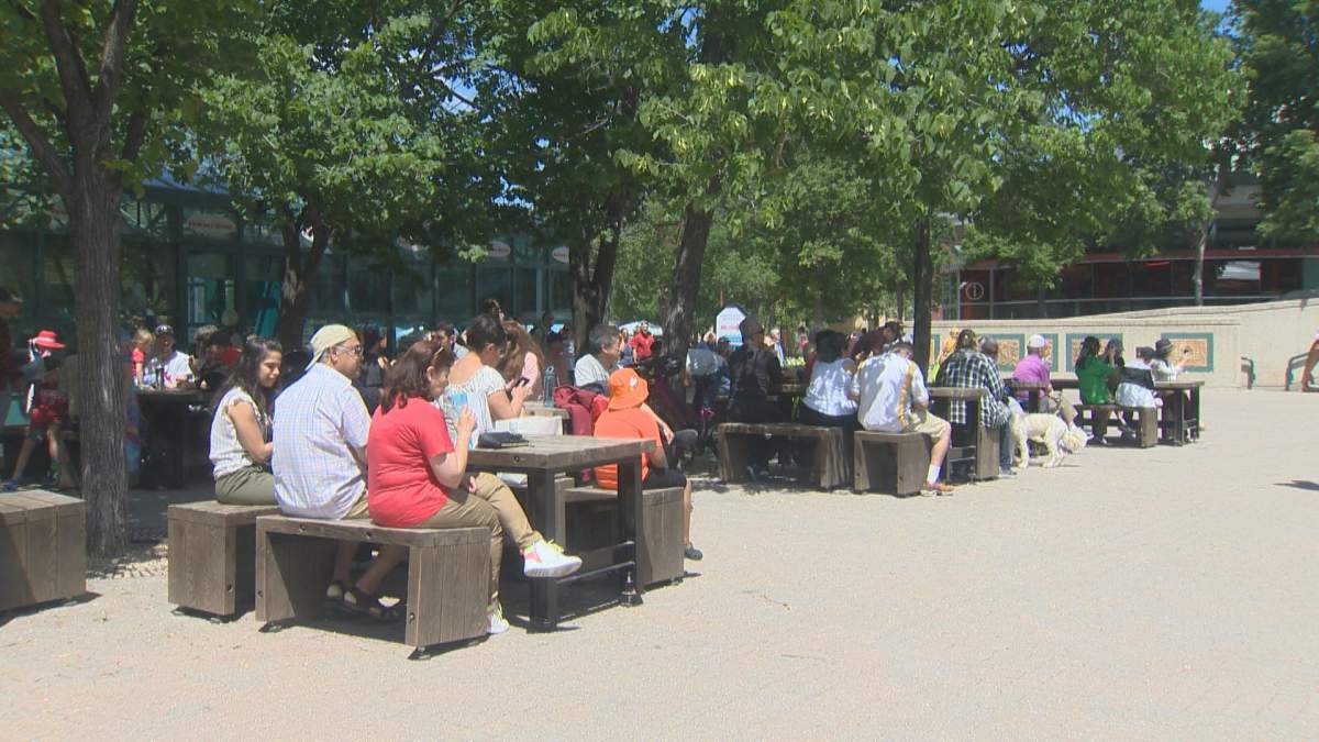 A seated crowd in the afternoon at The Forks on Canada Day.