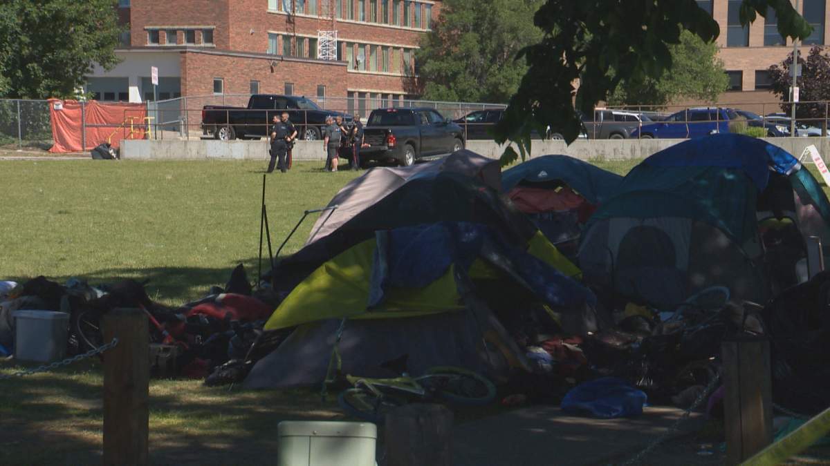 Lethbridge police investigate a shooting at an encampment in the 500 block of Stafford Drive South. The shooting happened Sunday, July 10, 2022. Pictures taken Monday, July 11, 2022.