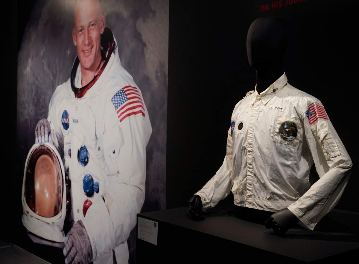 Buzz Aldrin's Inflight Coverall Jacket, worn by him on his Apollo 11 mission to the Moon is on display July 21, 2022 during a media preview at Sothebys in New York.
