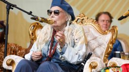 Joni Mitchel sings in a special Joni Jam performance at the 2022 Newport Folk Festival at Fort Adams State Park on July 24, 2022.